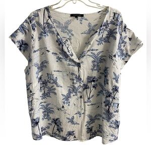 Tahari White Linen Blend Popover Blouse‎ Novelty Print 2X